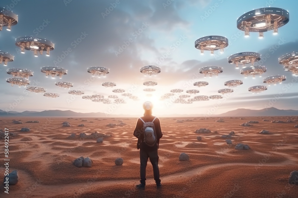Poster a person standing in a desert with a lot of flying objects desert environmental art futures generati
