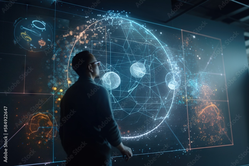 Poster a man looking at a large screen with a futuristic design on it conference room video art data analyt