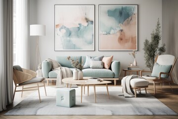 Modern pastel living room mockup poster,. Generative AI