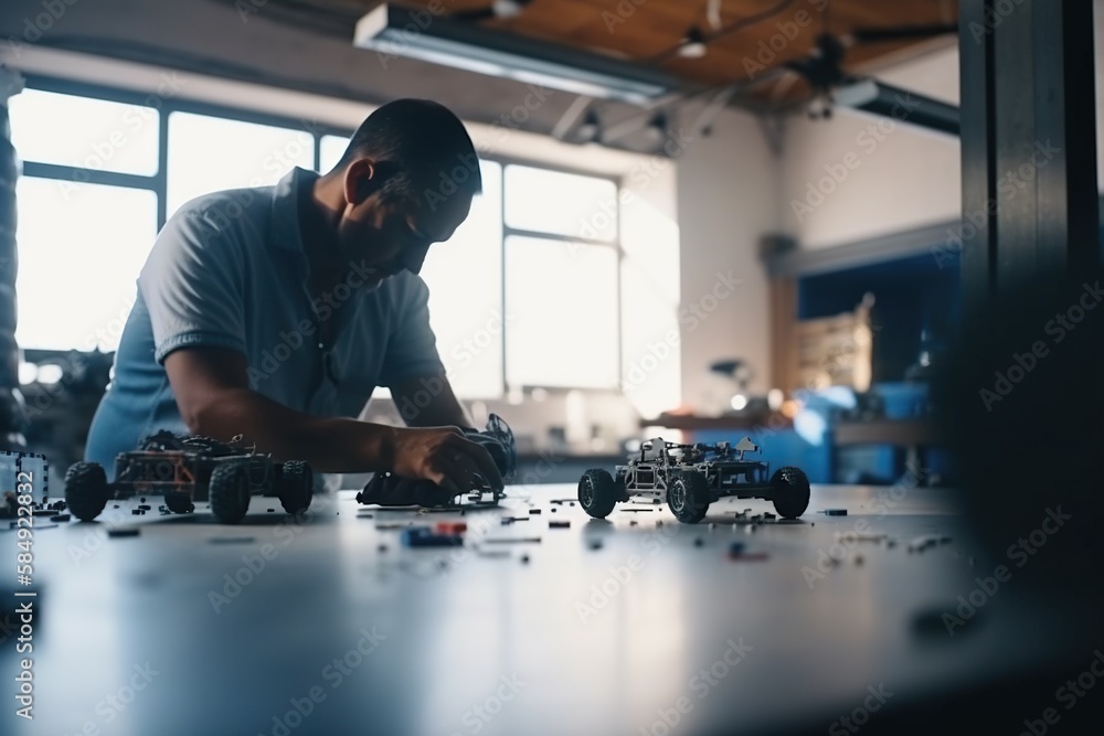 Poster a man working on a toy car in a building with windows car repair shop time-lapse photography robotic