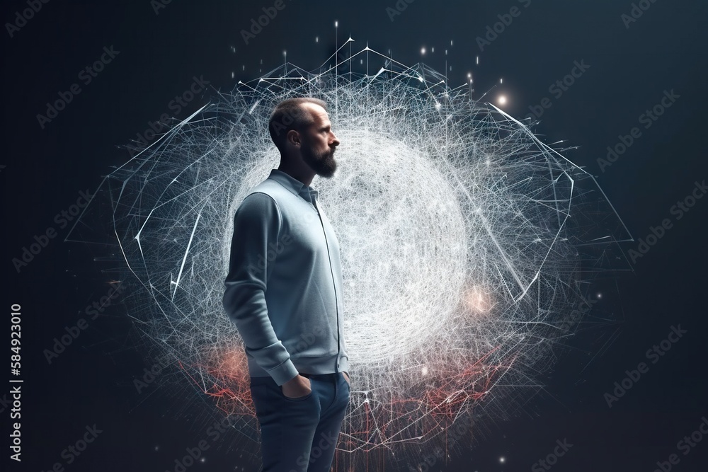 Poster A Man Standing In Front Of A Digital Artwork Background With A Circular Shape Deep Sea Trench Graphic Design Network Engineering