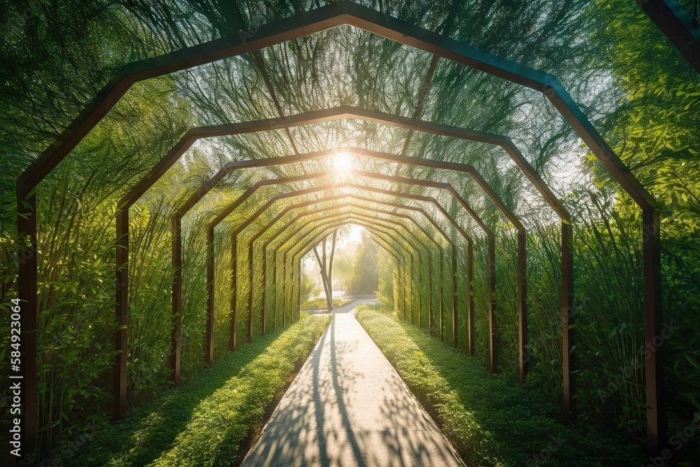 Aufkleber a tunnel of trees with a path going through it and the sun shining through the trees urban park at s