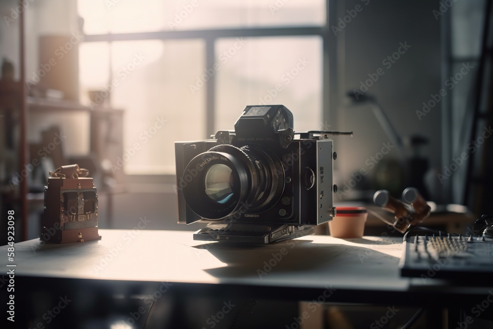 Poster a camera sitting on top of a table next to a keyboard workshop time-lapse photography film generativ