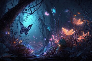 Fototapeta na wymiar fairy forest at night fantasy glowing flower, generate AI