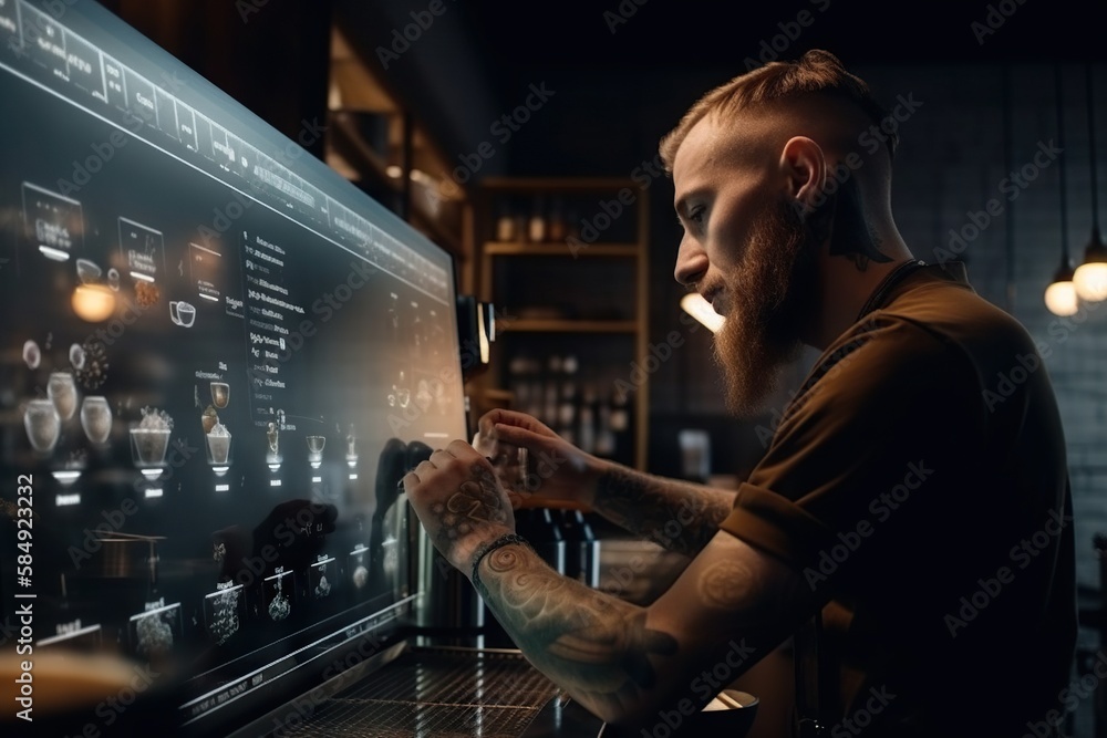 Aufkleber a man with a beard is looking at a menu on a large screen coffee shop advertising photography user i