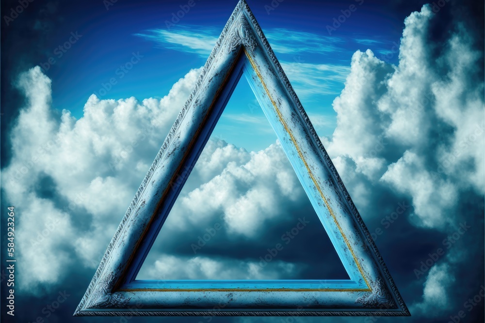 Poster frame made with covered white cloud in the sky in triangle shape. concept of luxurious fantasy windo