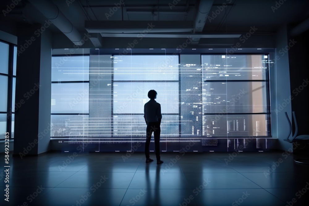 Aufkleber a person standing in a room with large windows and a city view conference room video art data analyt