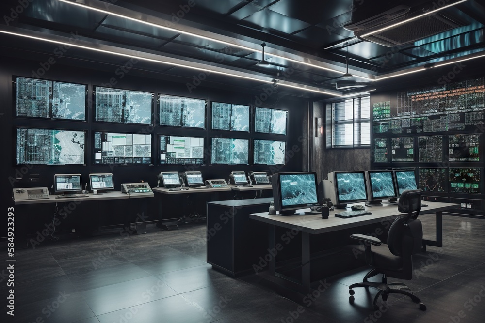 Poster a room with multiple monitors and a desk with a laptop on it workshop panoramic photography cybersec