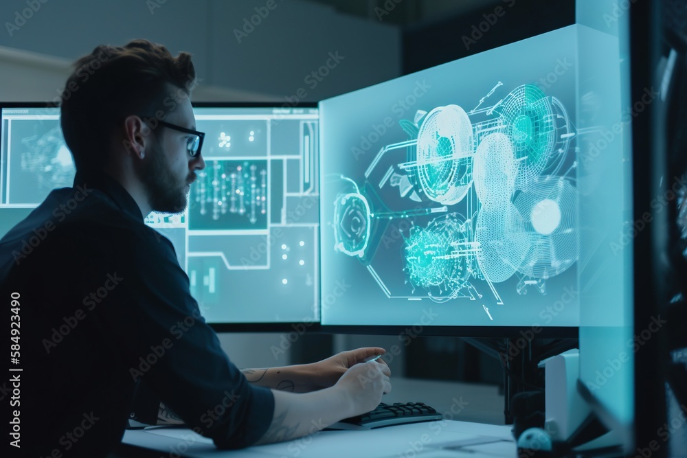 Poster a man sitting at a desk in front of a computer screen workshop graphic design supply chain optimizat