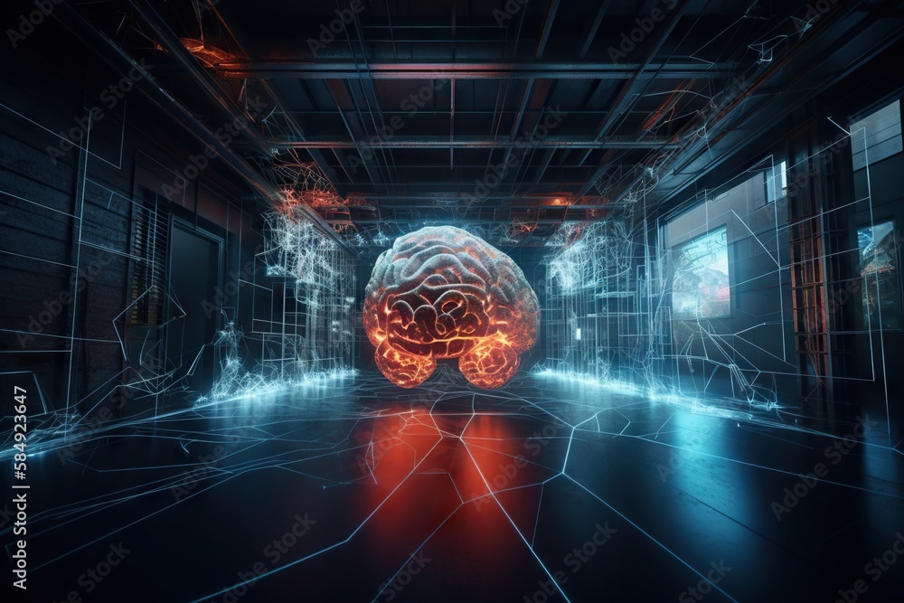 Poster a futuristic room with a large brain in the center of it workshop video art natural language process