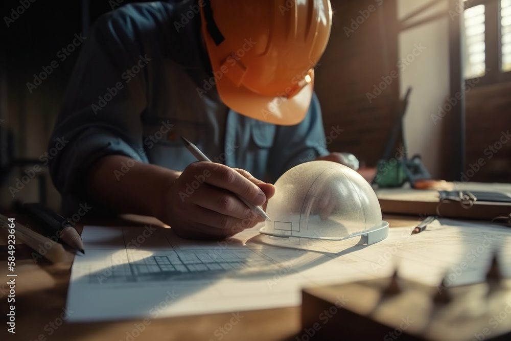 Poster a person in a hard hat working on a project with a plastic helmet construction site constructivism c