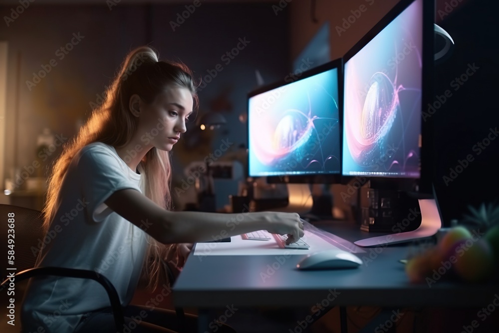 Poster a woman sitting at a desk with a computer monitor and keyboard workshop graphic design computer grap