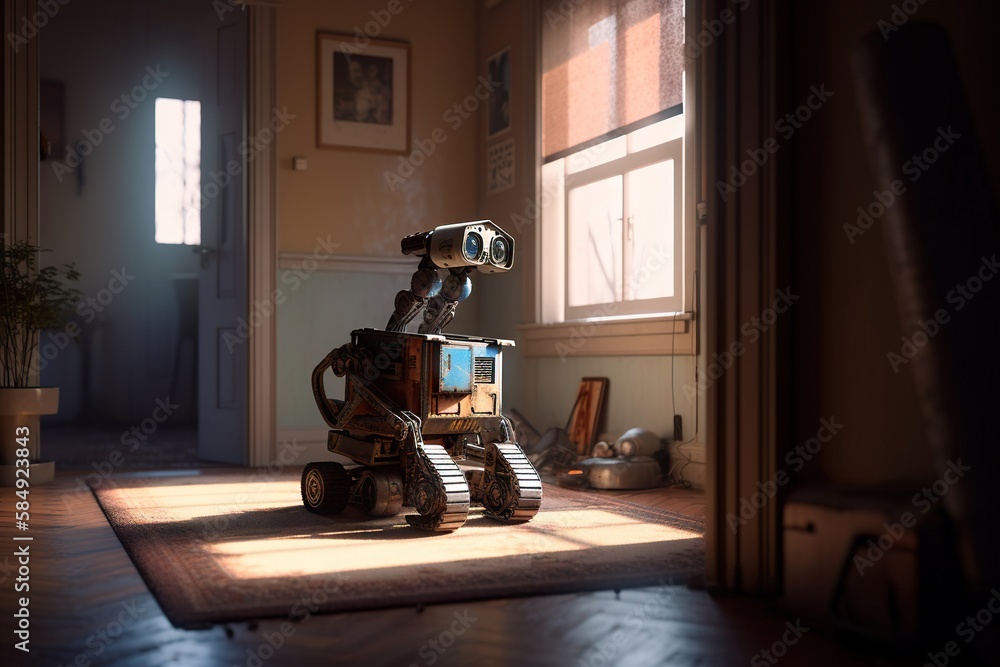 Poster a robot is sitting on a rug in a room with a window junkyard photorealism robotics engineering gener