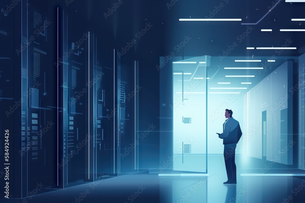 Aufkleber a man standing in a server room looking at a server in the background workshop graphic design databa
