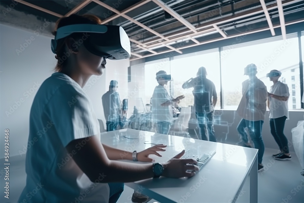Poster a man wearing a virtual headset while using a laptop computer workshop stereoscopic photography supp