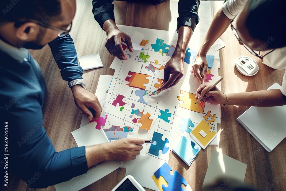 Poster a group of people sitting around a table with puzzle pieces on it workshop advertising photography p