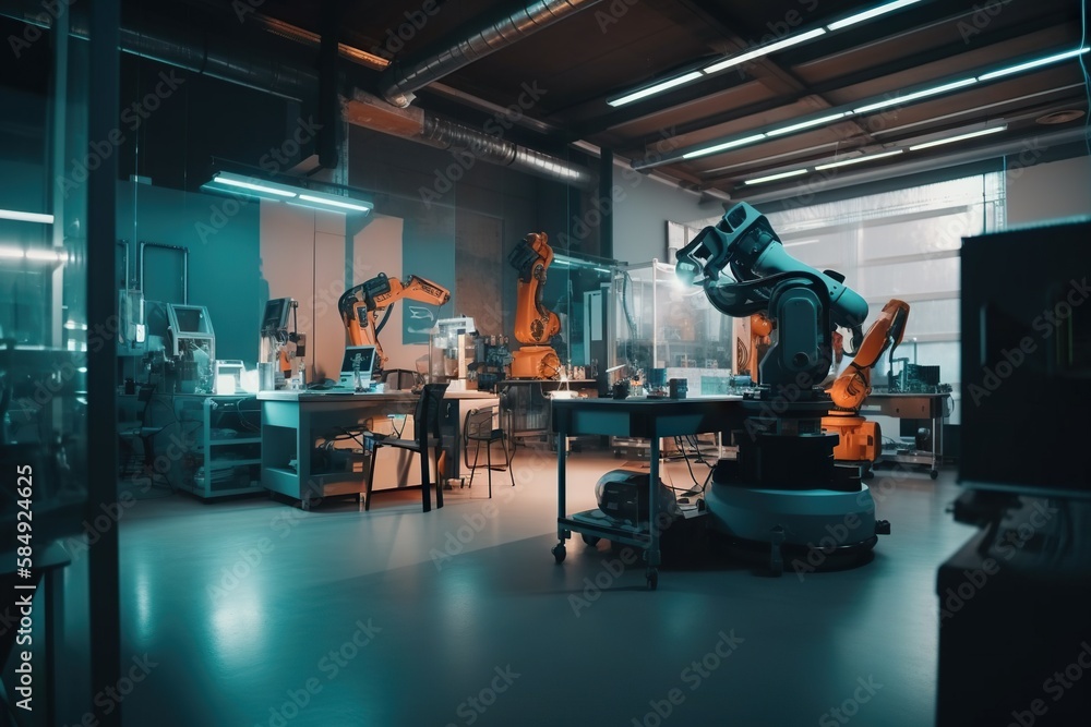 Poster a robotic arm is sitting on a table in a factory with other machines factory constructivism robotics