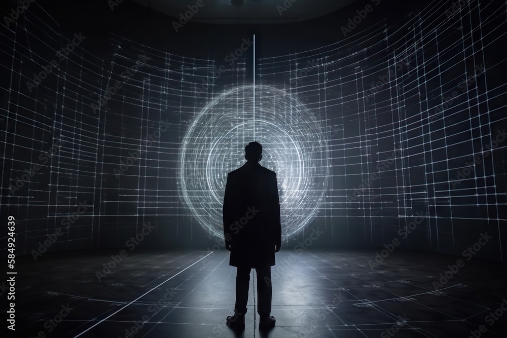 Poster A Man Standing In A Dark Room With A Circular Pattern On The Wall Science Museum Video Art Data Analytics