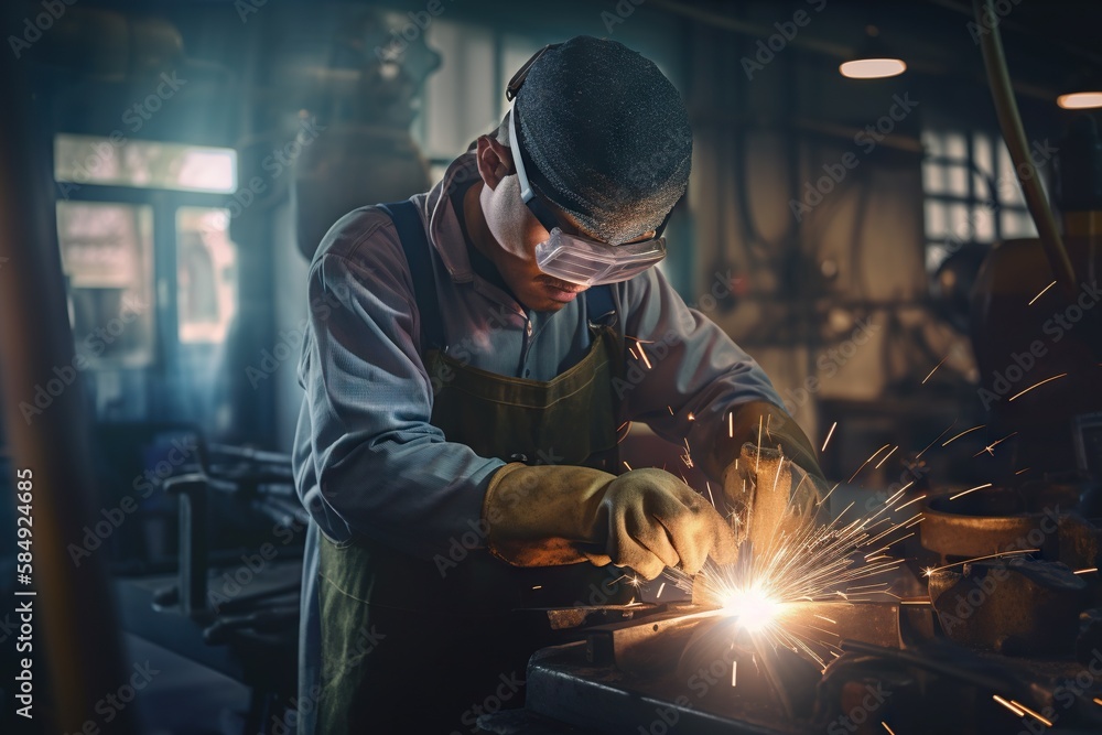 Poster a man in a factory working on a piece of metal with a welding torch workshop bronze casting manufact