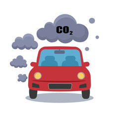 Car exhaust fumes with CO2 in flat design on white background. Motor vehicle pollution.