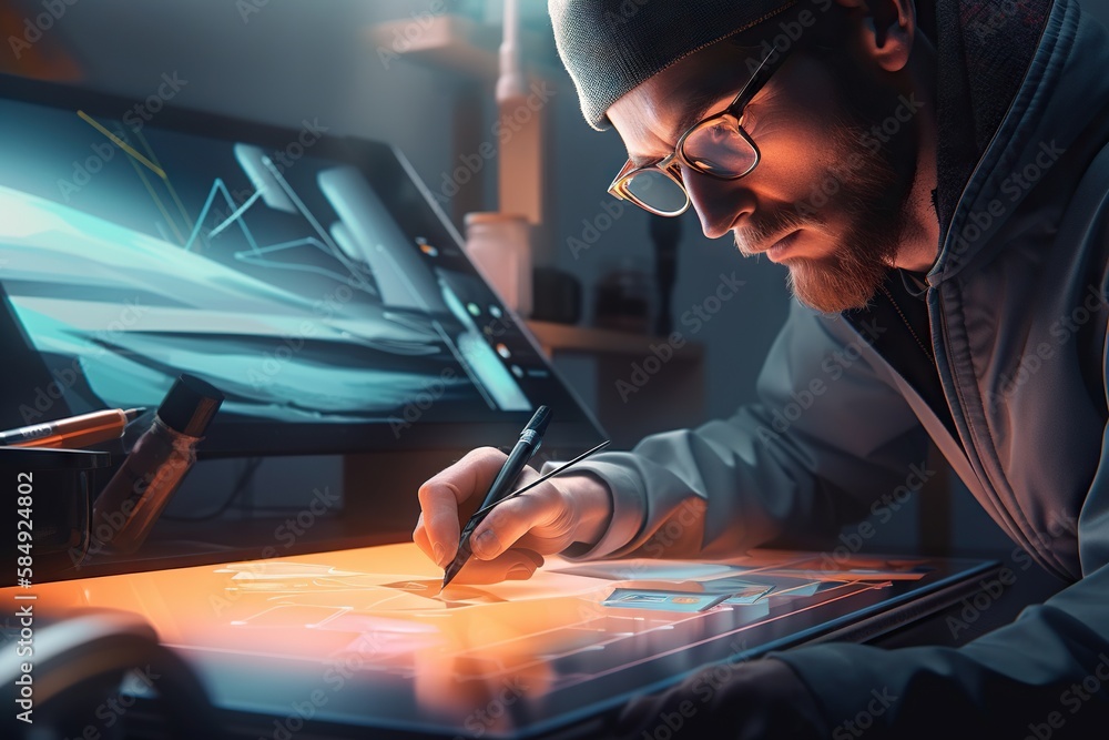 Poster a man in glasses is writing on a tablet computer with a pen workshop graphic design computer graphic
