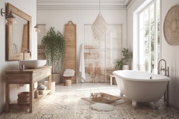 Scandi Boho bathroom with white bathtub on parquet floor. Generative AI