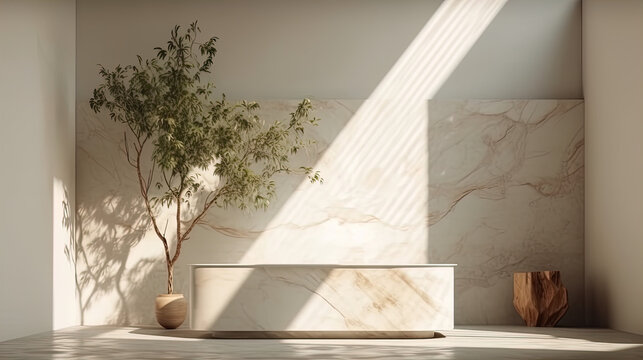 Experience the Perfect Balance of Minimalism and Natural Beauty with our White Marble Stone Counter - Featuring Green Tree in Sunlight and Leaf Shadow Detail on Beige Brown Stucco Cement Wall
