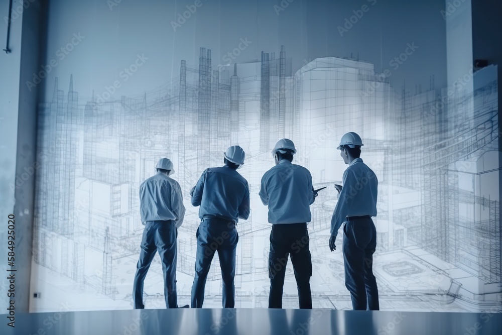 Poster a group of people standing in front of a window with a blueprint construction site constructivism ma