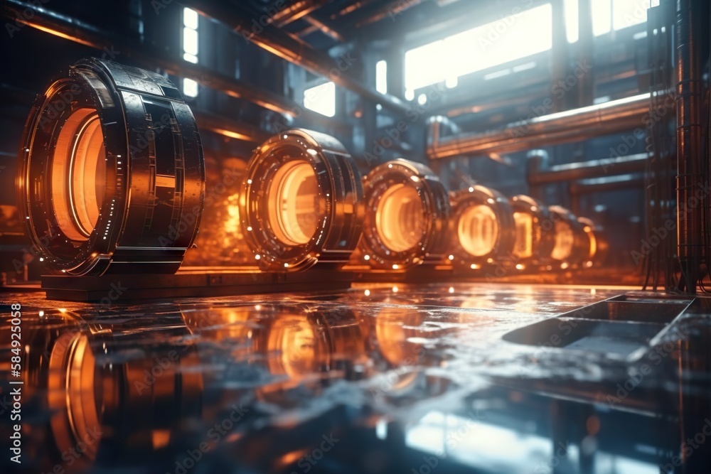 Poster a row of barrels sitting in a room with a shiny floor factory photorealism heating and cooling syste