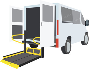 A specialized vehicle with Yellow bar and handrail, Bus Using Access Ramp for people with disabilities and elderly. Wheelchair taxi concept. - obrazy, fototapety, plakaty