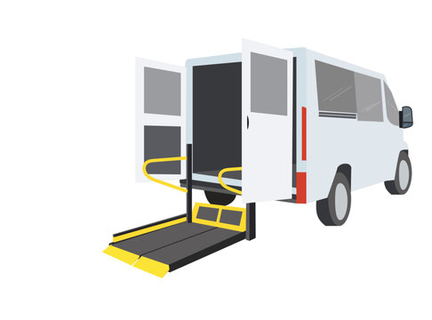 A specialized vehicle with Yellow bar and handrail, Bus Using Access Ramp for people with disabilities and elderly. Wheelchair taxi concept.