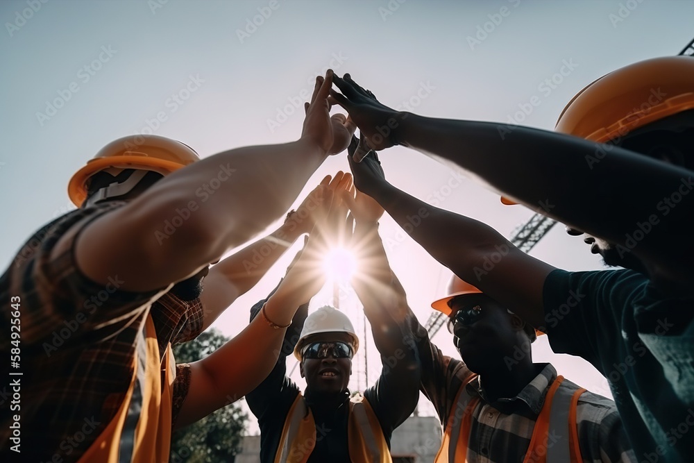 Poster A Group Of People Standing In A Circle With Their Hands Together Construction Site Constructivism Construction Management Generative AI 