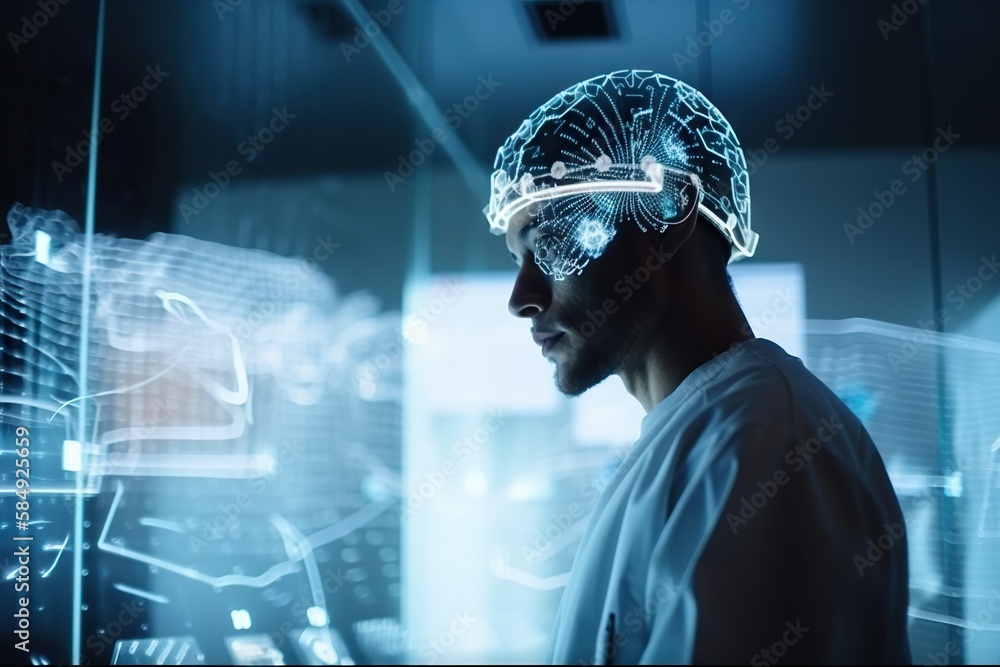 Poster a man with a brain scan in his head looking at a computer screen workshop stereoscopic photography n