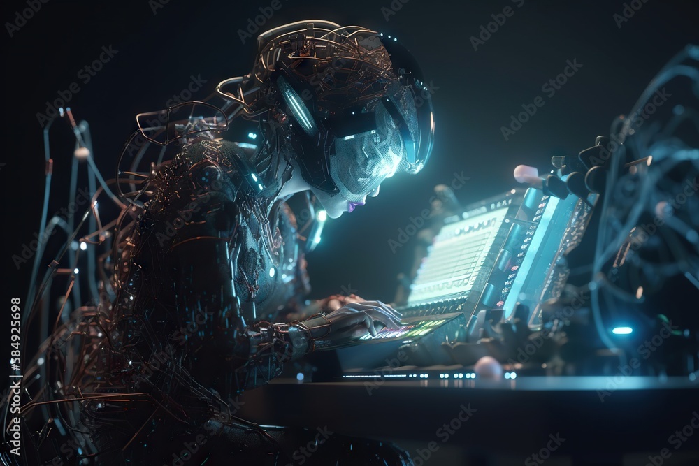 Poster a person in a futuristic suit using a laptop computer in a dark room factory video art artificial in
