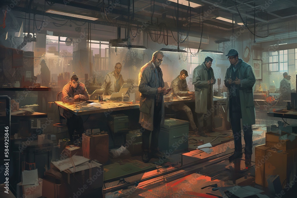 Poster a group of people standing around a table in a room with lots of boxes factory assemblage data analy