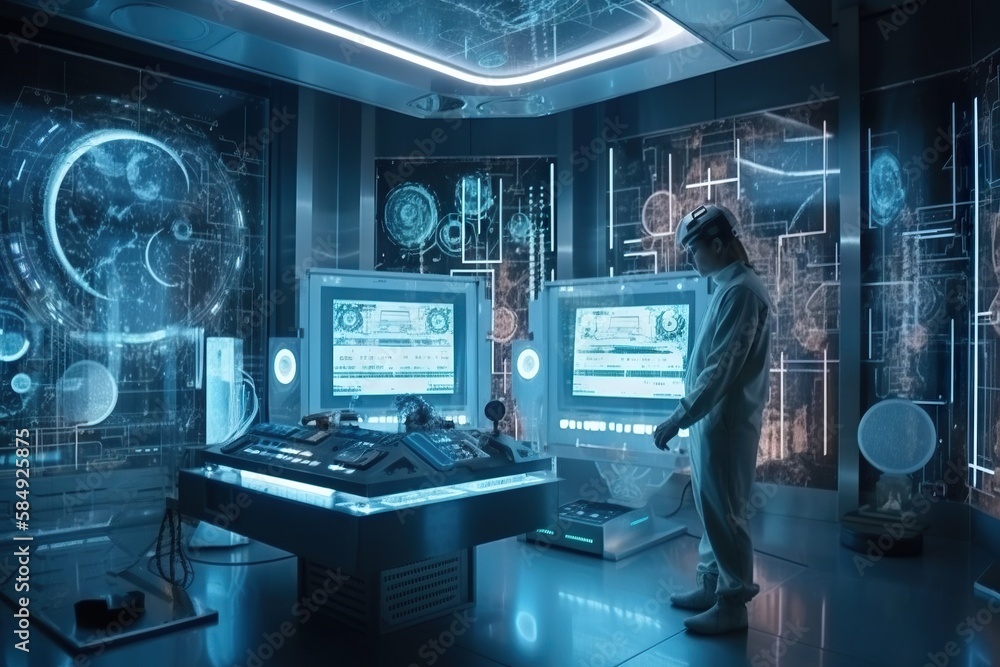 Poster a man standing in front of a display of electronic equipment in a room workshop advertising photogra