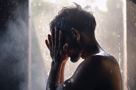 A Man Standing In The Rain With His Hands On His Face Bathroom Fine Art Photography Personal Hygiene