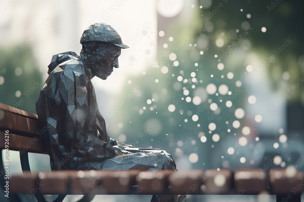 Poster a statue of a man sitting on a bench in the rain monument photorealism computer graphics generative 