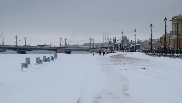 Video of Universitetskaya Embankment at the winter day. Saint Petersburg, Russia