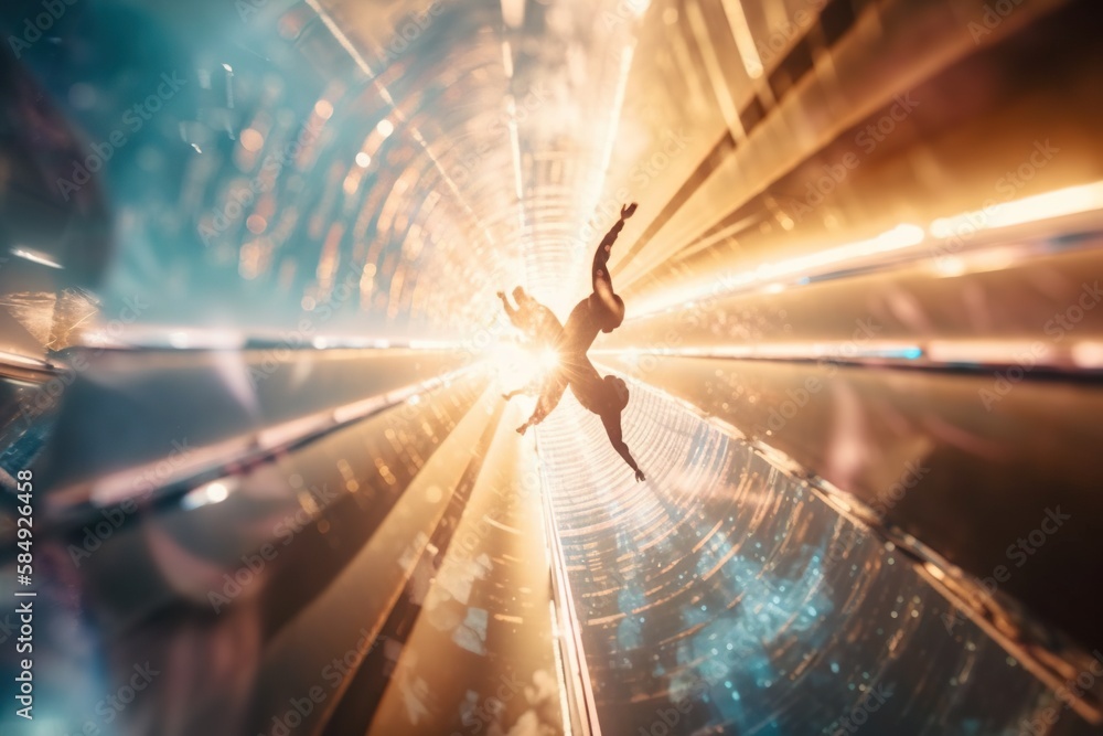 Poster a person is standing in a tunnel with lights in the background arcade time-lapse photography vision 