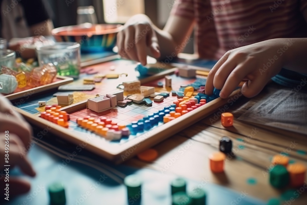 Poster a close up of a board game with people playing it and a child playing with it arcade quilting game d