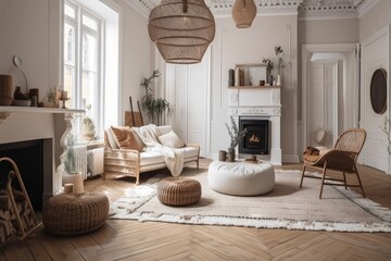 Scandinavian boho living room. Wooden floor. Generative AI