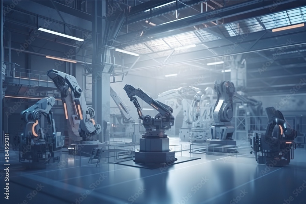 Poster a group of robots in a factory with a light shining on them factory assemblage manufacturing plannin