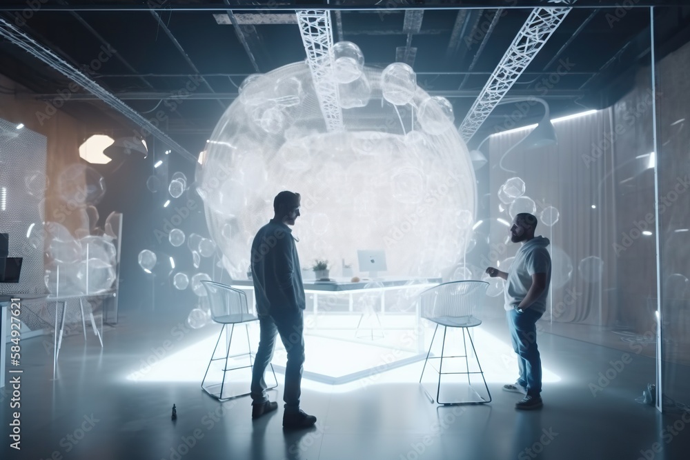 Poster two men standing in a room with a large bubble like object conference room video art set design gene