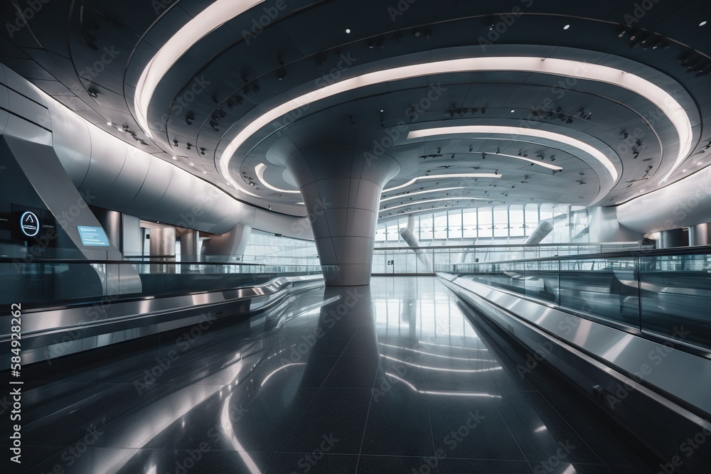 Poster a long empty walkway in a building with a circular ceiling and lights airport architectural photogra