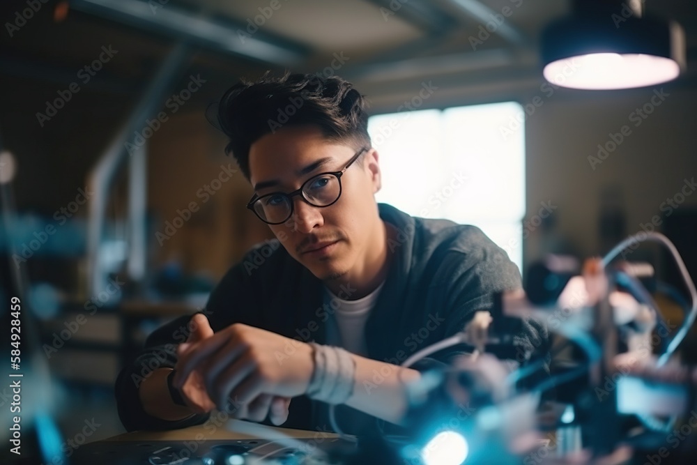 Poster a man in glasses working on a project in a lab with a laptop workshop advertising photography roboti