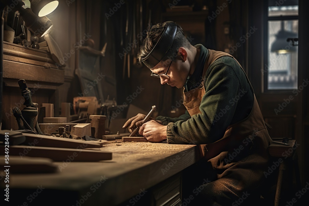 Poster a man in a workshop working on a piece of wood with a light on workshop wood carving woodworking gen