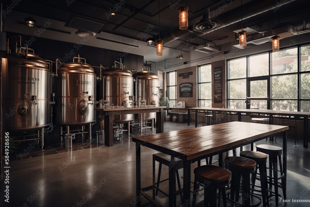 Poster a room with a table and some stools in it and a bunch of tanks brewery panoramic photography employe