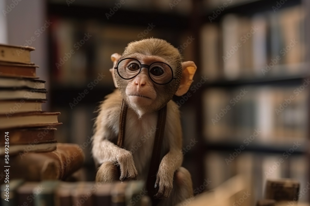 Poster a monkey with glasses sitting on a book shelf next to a stack of books library wildlife photography 