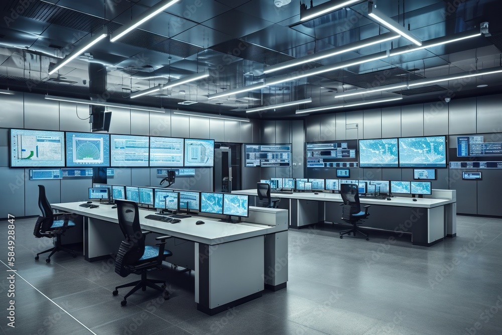 Poster a large room with multiple monitors and desks in it and a ceiling of lights conference room panorami
